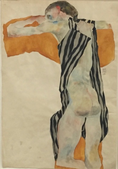 Egon Schiele, Liegender Mädchenakt in gestreiftem Kittel, 1911 - Privatsammlung Wien ©starkandart.com